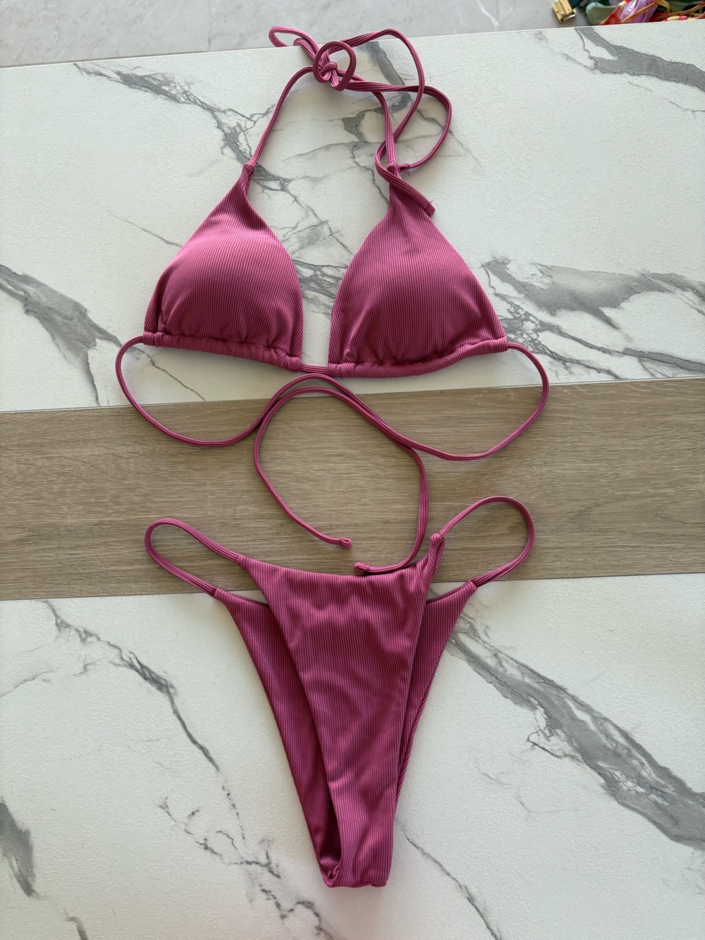 Ribbed Triangle Bikini Set in Deep Raspberry